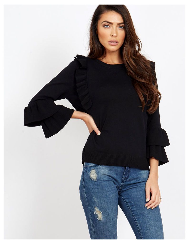 OVIDIA - Ruffle Sleeves and Front Black Jumper