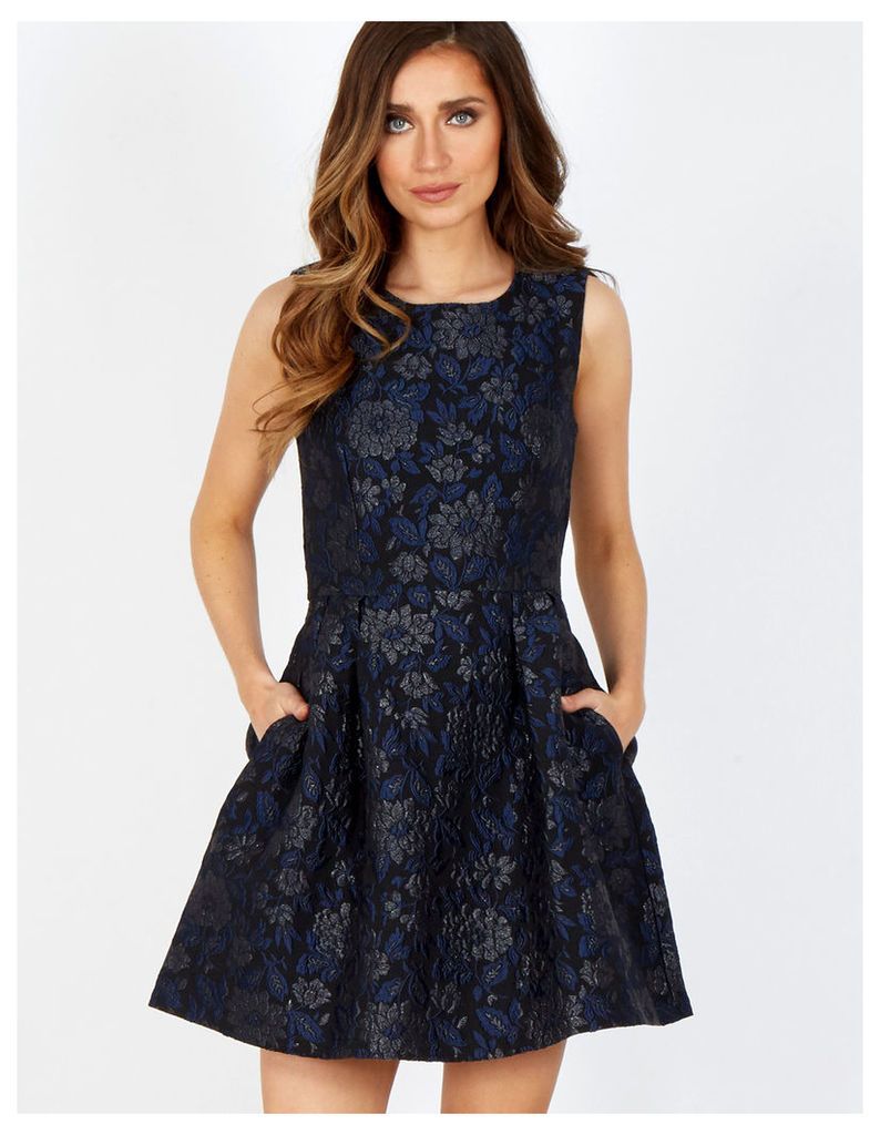 THANA - Black/Blue Floral Jacquard Flare Dress