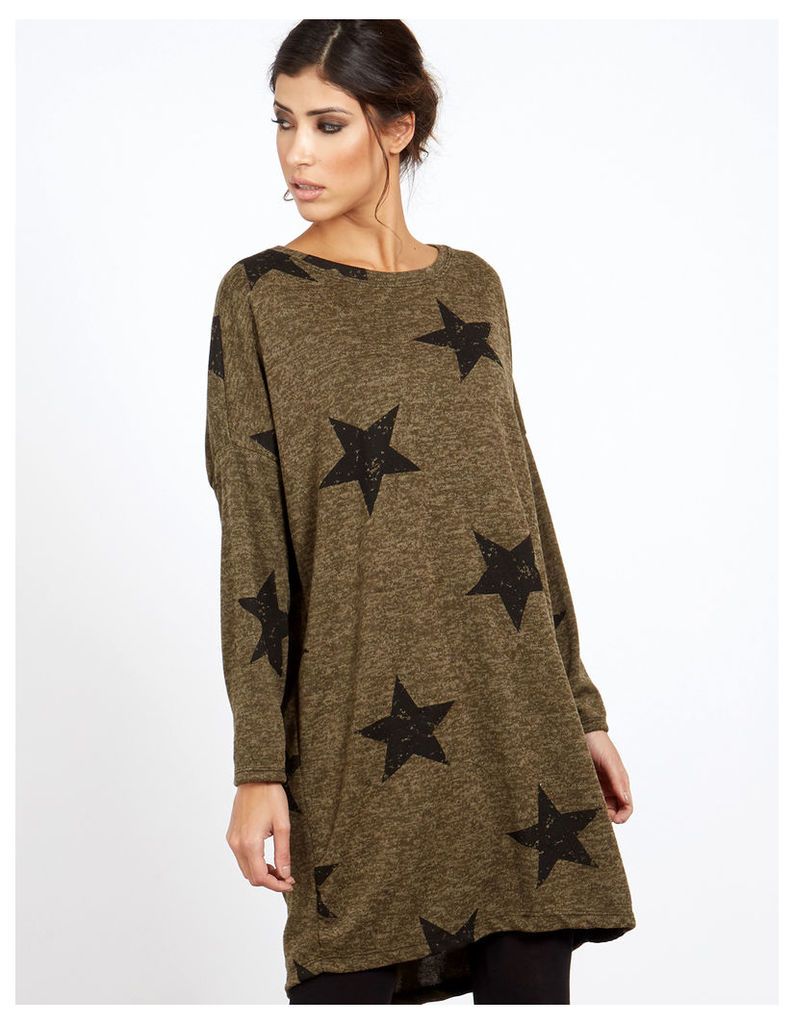 VALI - Star Printed Knitted Khaki Top