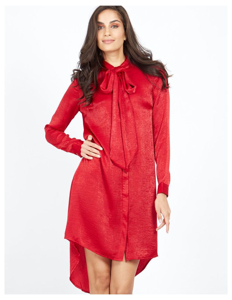 NEOLA - Pussybow Satin Red Shirt Dress