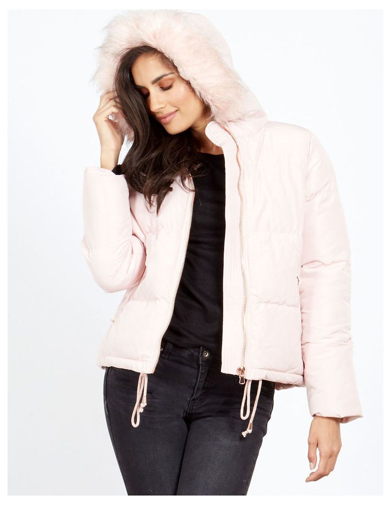 BARRY - Pink Faux Fur Hooded Puffer Jacket