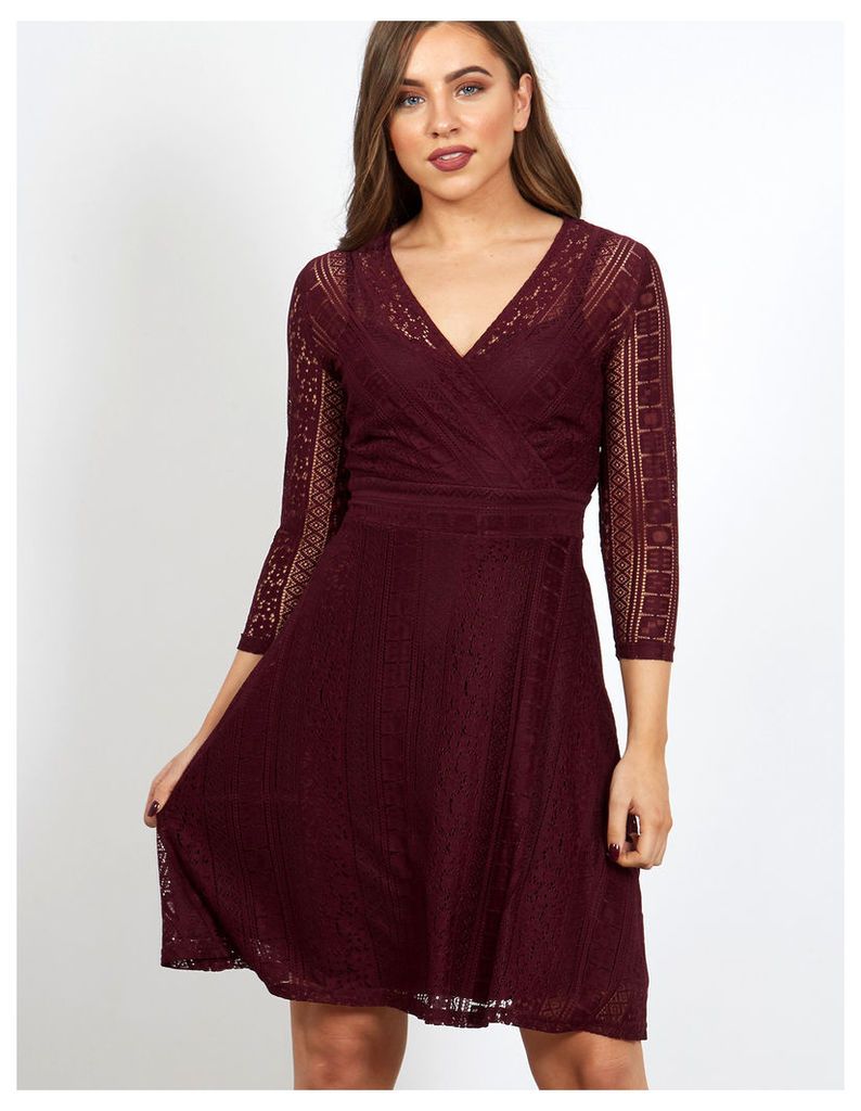 TYSON - Cropped Sleeve V Neck Lace Wine Dress