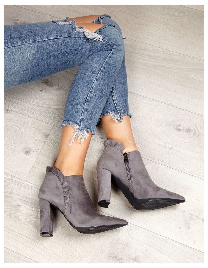CANDELA - Suede Frill Pointed Grey Boots