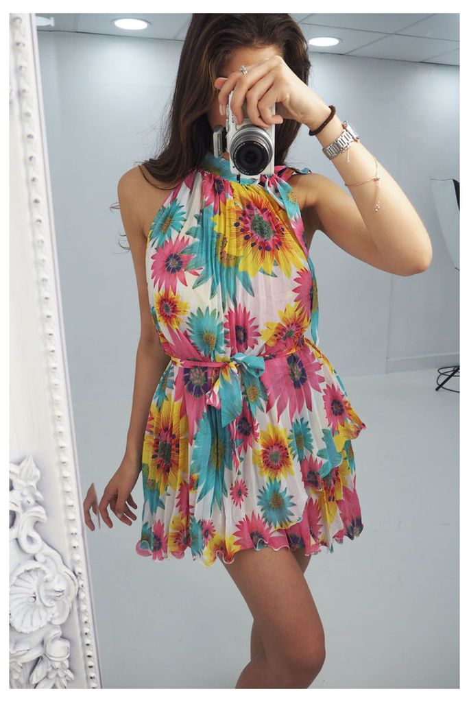 Emilie floral printed pleated high neck dress