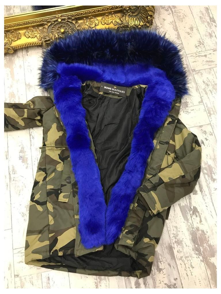 Cleo Royal Blue camo faux fur hooded coat