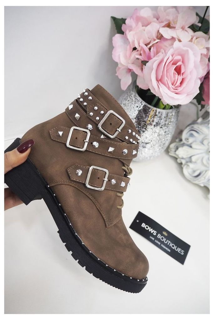 Foxy TAUPE Stud And Buckle Ankle Biker Boots