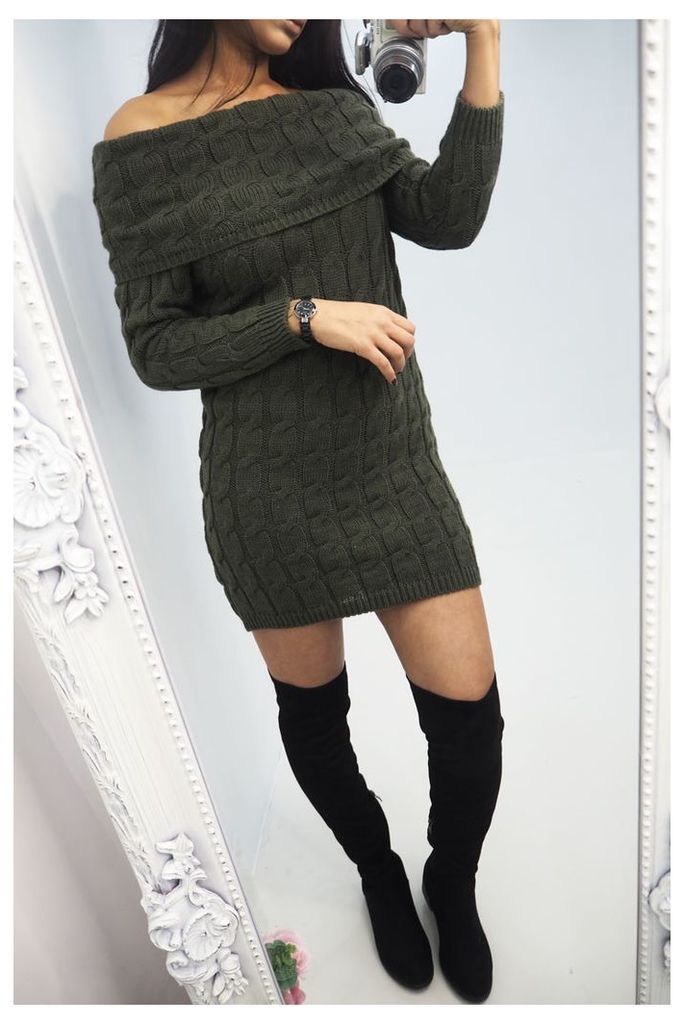 Tristan Khaki bardot Cable Knitted Jumper Dress