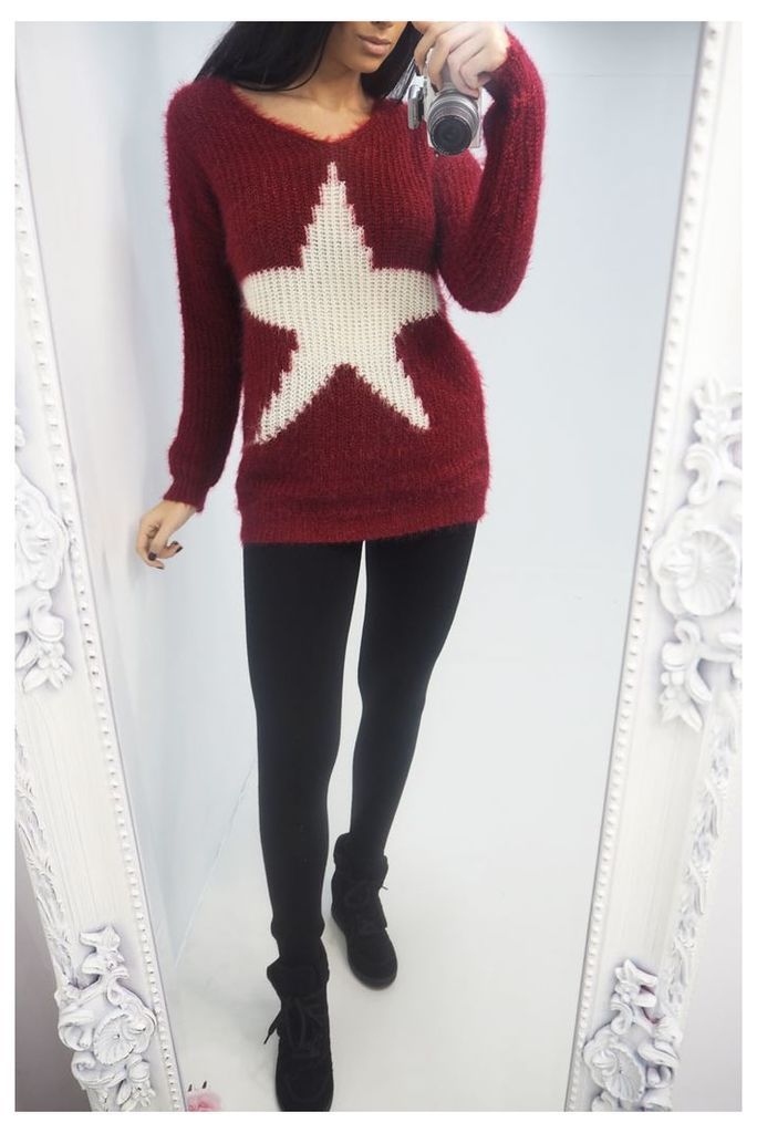 Zena WINE Star Soft Knitted V-neck Jumper