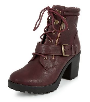 Burgundy Lace Up Chunky Heel Boots