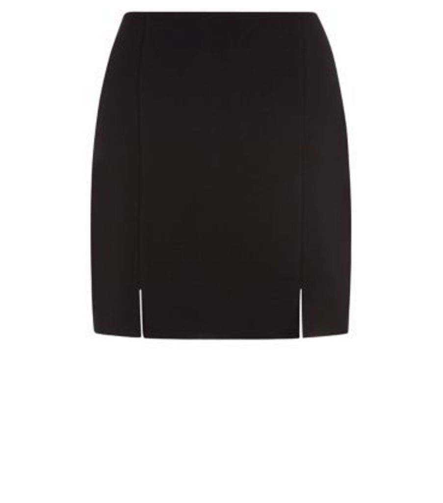 Black Scuba Crepe Notch Split Hem Mini Skirt