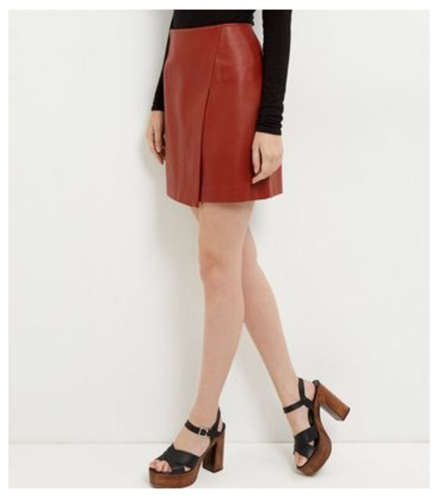 Tan Leather-Look Wrap Mini Skirt