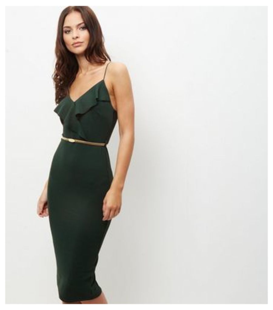 Dark Green Frill Trim Belted Bodycon Dress