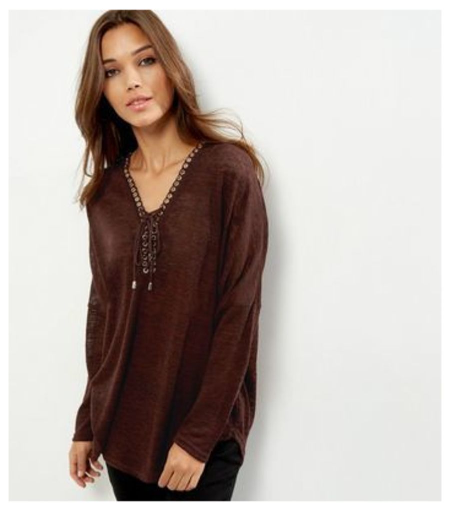 Apricot Burgundy Lace Up Long Sleeve Top