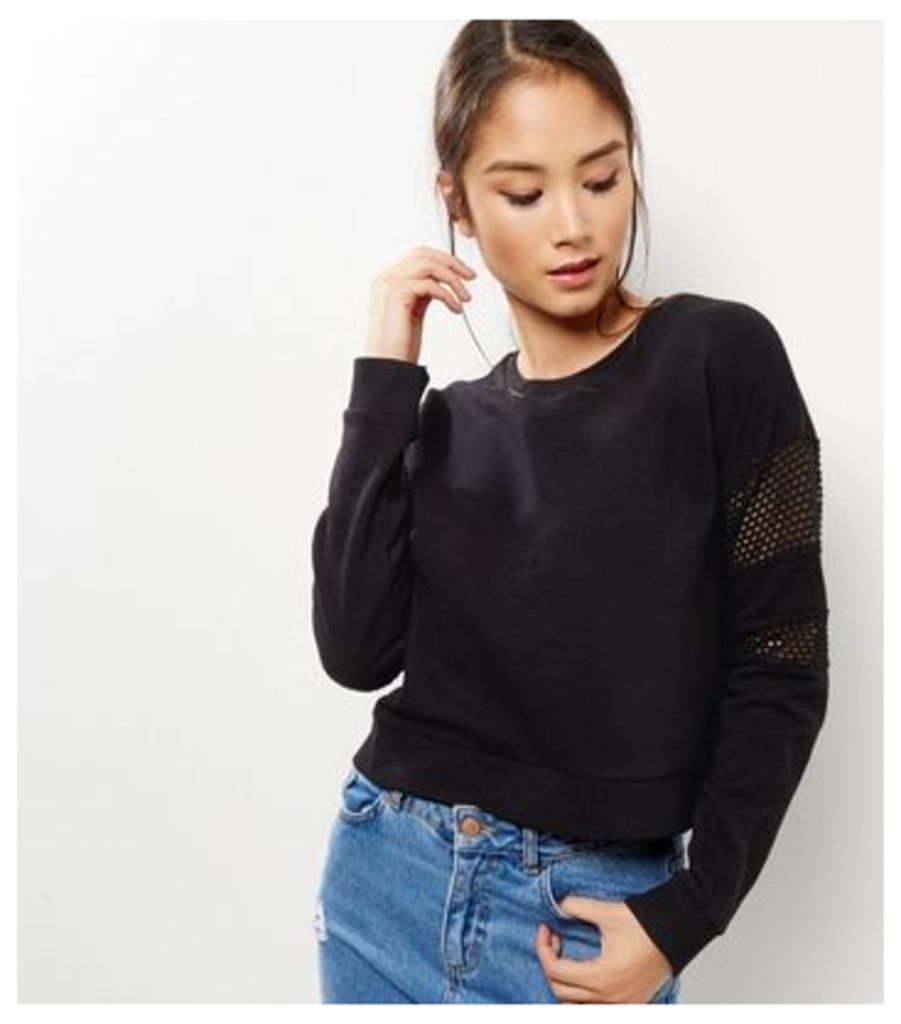 Black Mesh Panel Long Sleeve Cropped Sweater