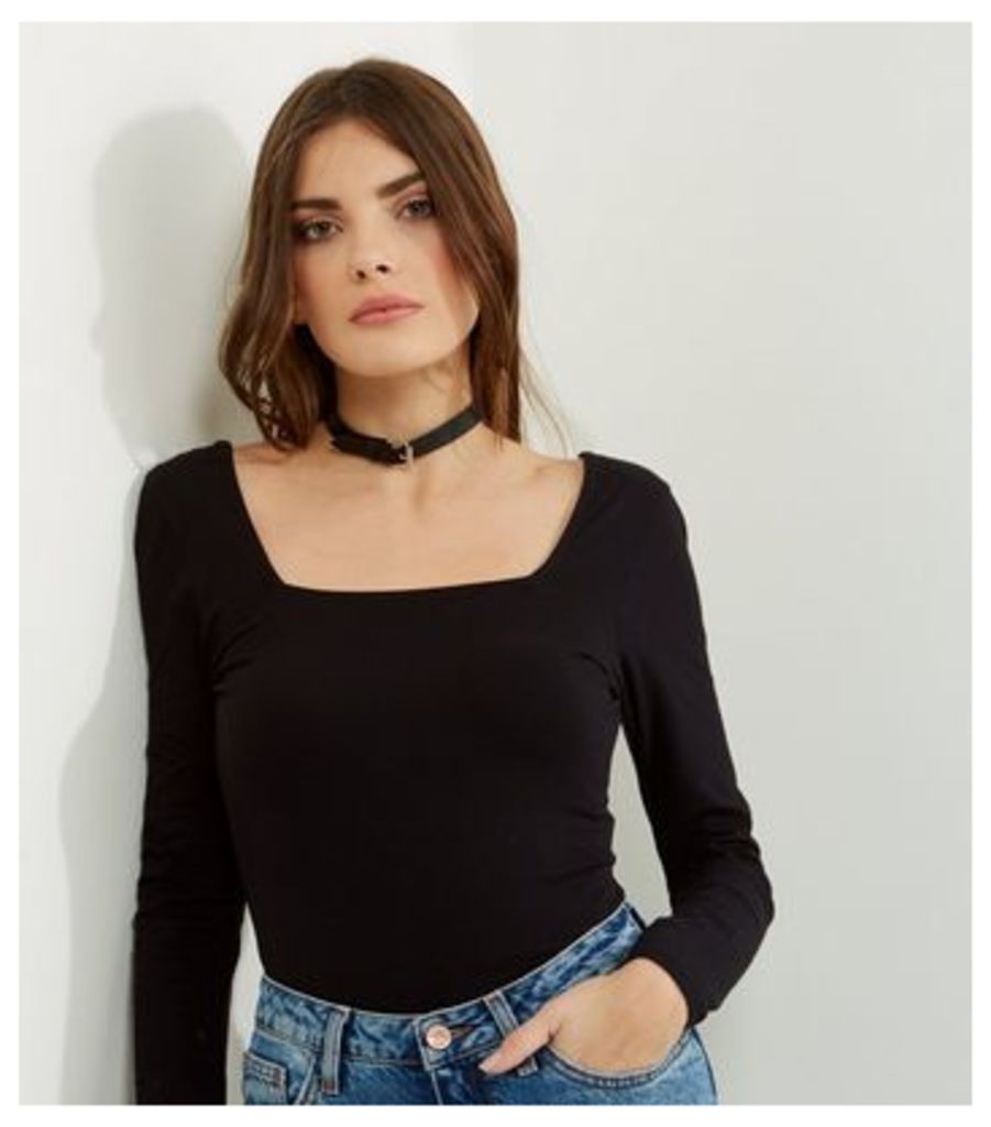 Black Square Neck Long Sleeve Top