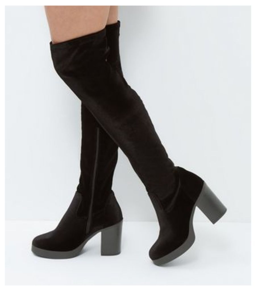 Wide Fit Black Velvet Over The Knee Boots