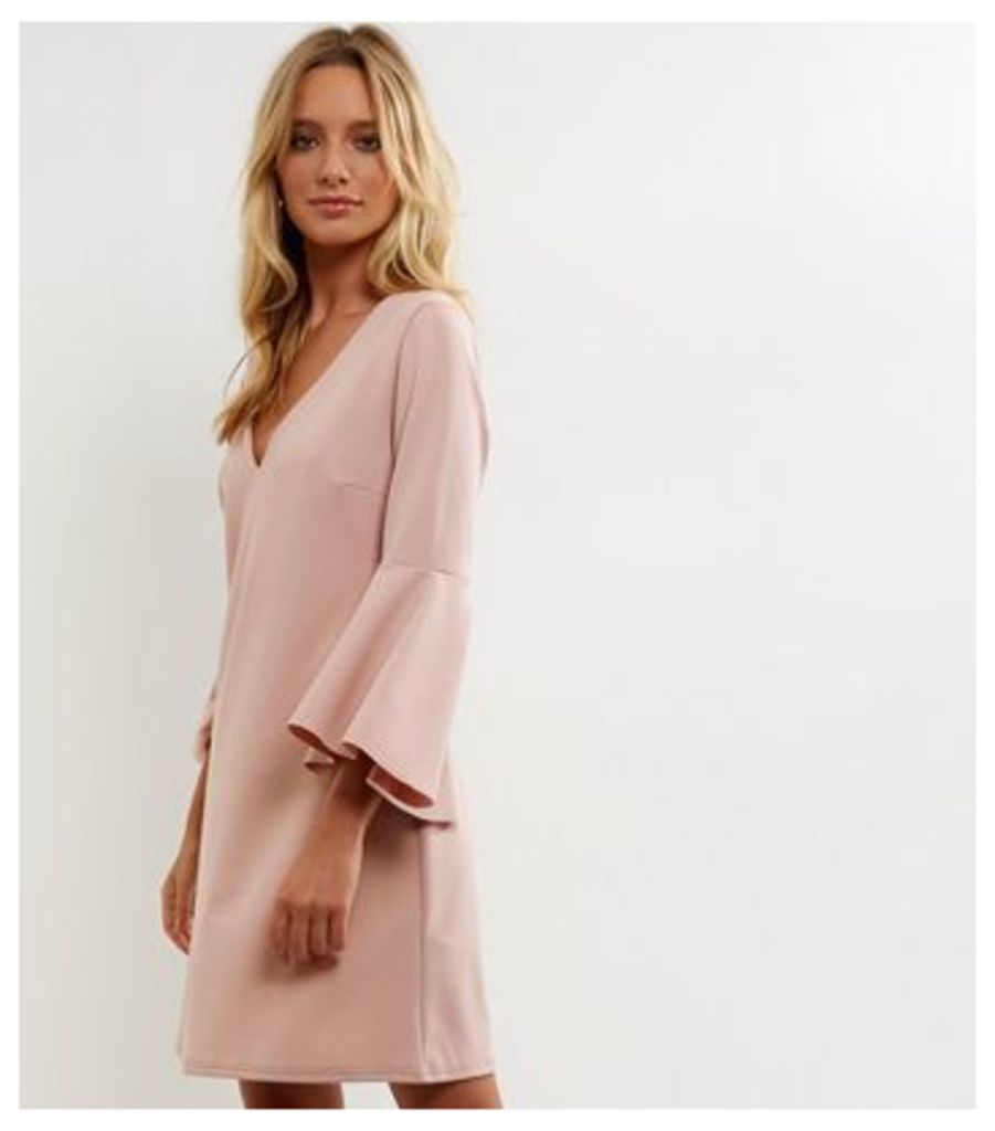 Pink V Neck Bell Sleeve Tunic Dress