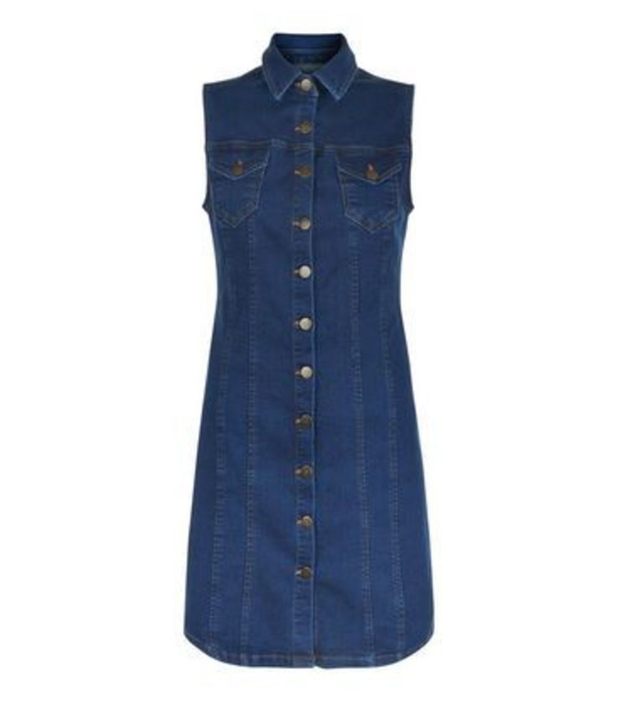 Blue Denim Double Pocket Button Front Dress