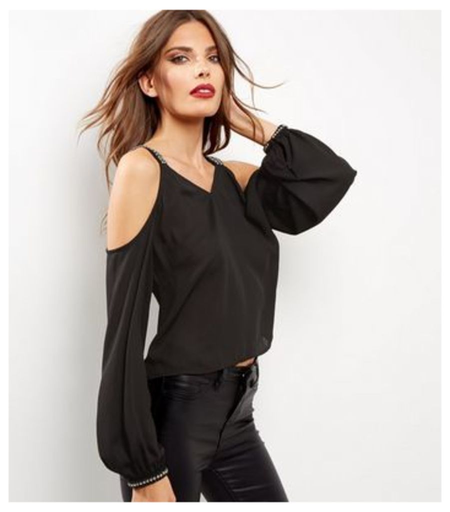 Black Embellished Strap Cold Shoulder Top