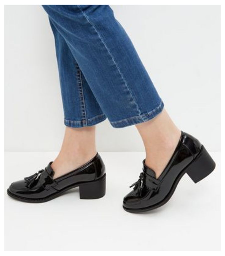 Black Patent Tassel Block Heel Loafers