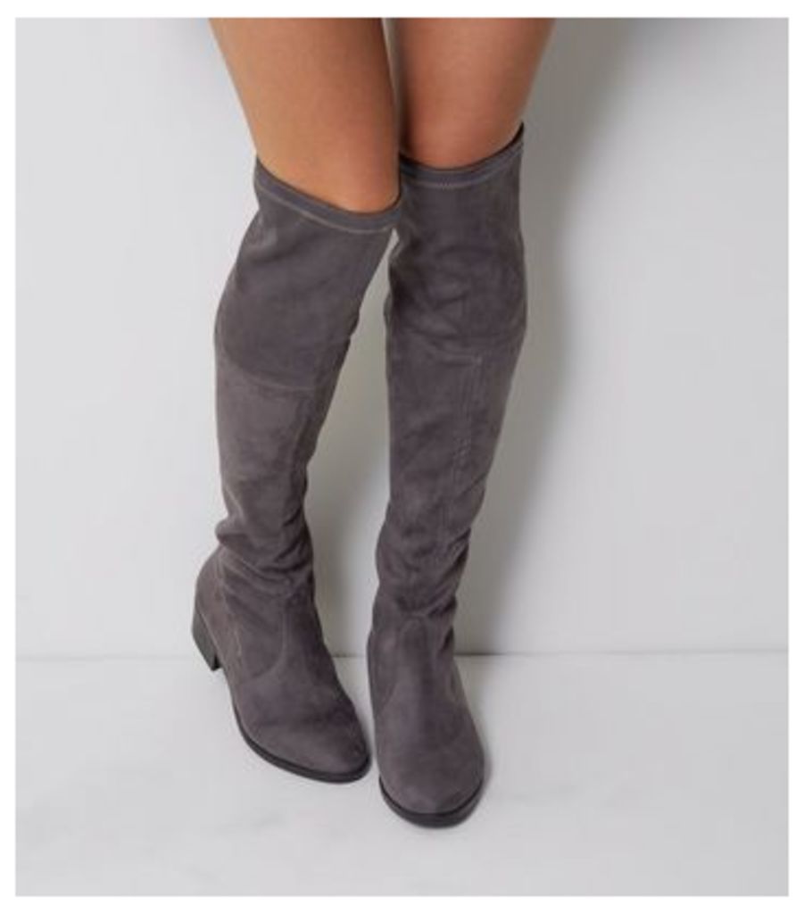 Wide Fit Grey Suedette Tie Up Over The Knee Boots