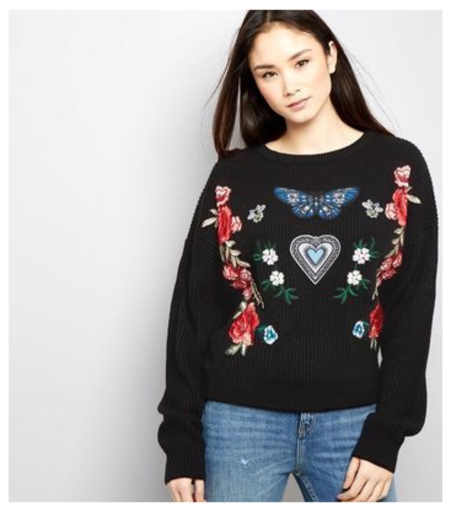 Tall Black Ribbed Floral Badge Jumper New Look