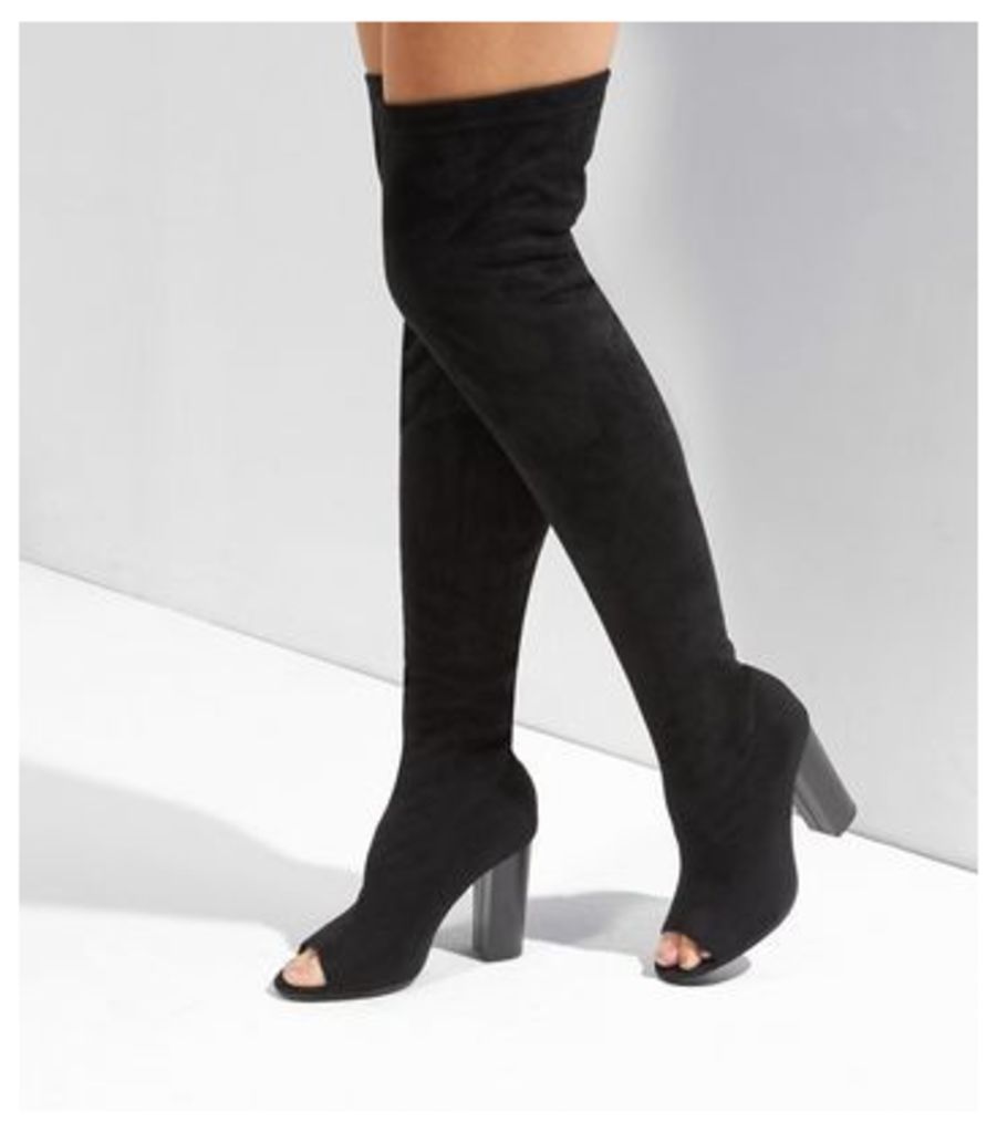 Black Suedette Peep Toe Over The Knee Boots