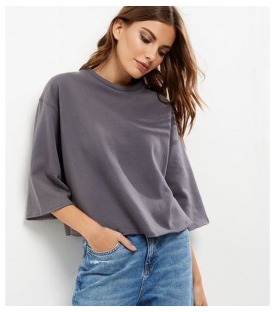 Grey 3/4 Wide Sleeve Cropped Sweater