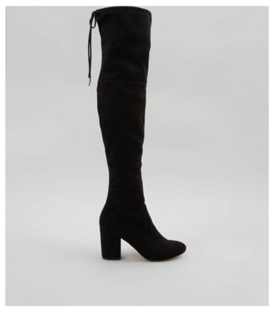 Black Suedette Tie Back Over The Knee Heeled Boots