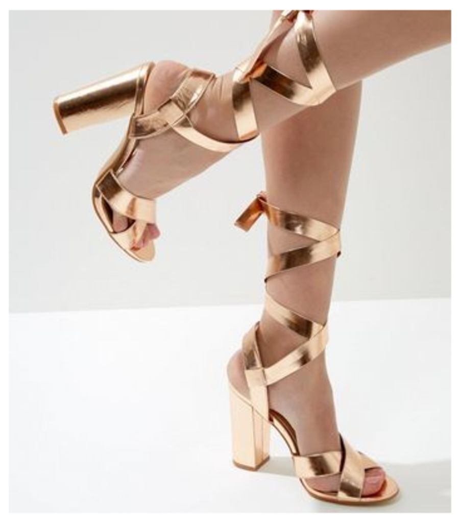 Wide Fit Rose Gold Tie Up Block Heeled Sandals