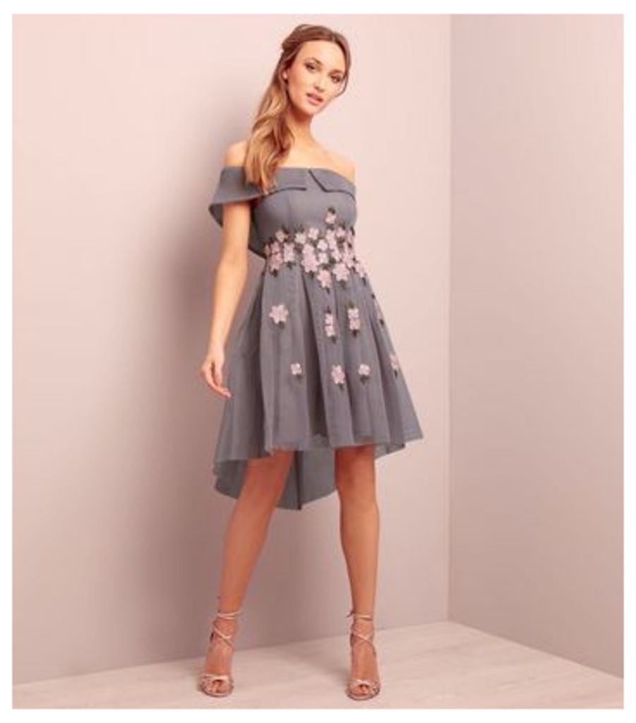 Grey Premium Bardot Neck Floral Embroidered Mesh Dress