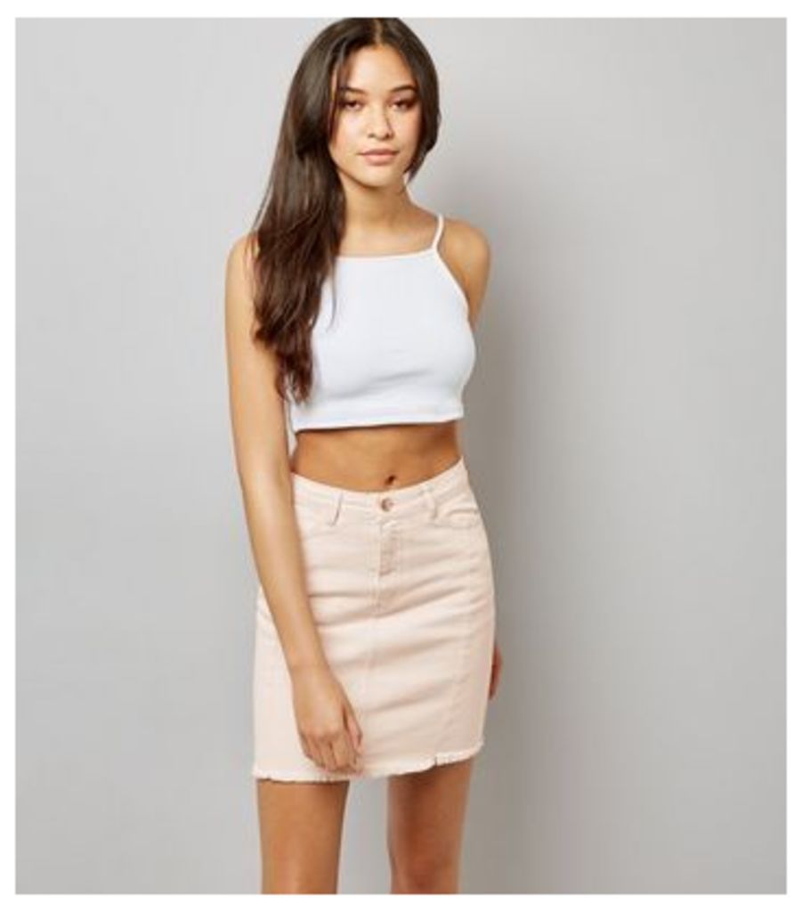 Pink Denim Frayed Hem Skirt New Look