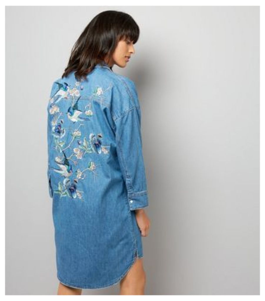 Blue Embroidered Back Oversized Shirt Dress New Look