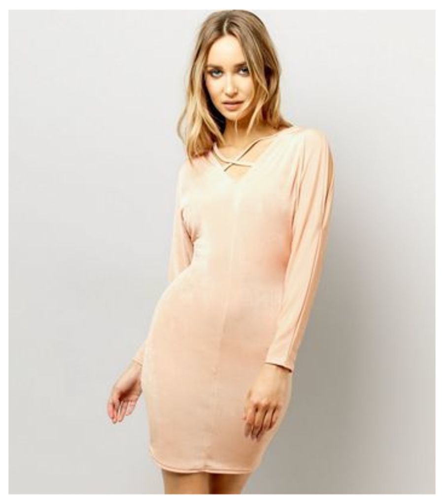 Shell Pink Batwing Sleeve Cross Strap Front Bodycon Dress