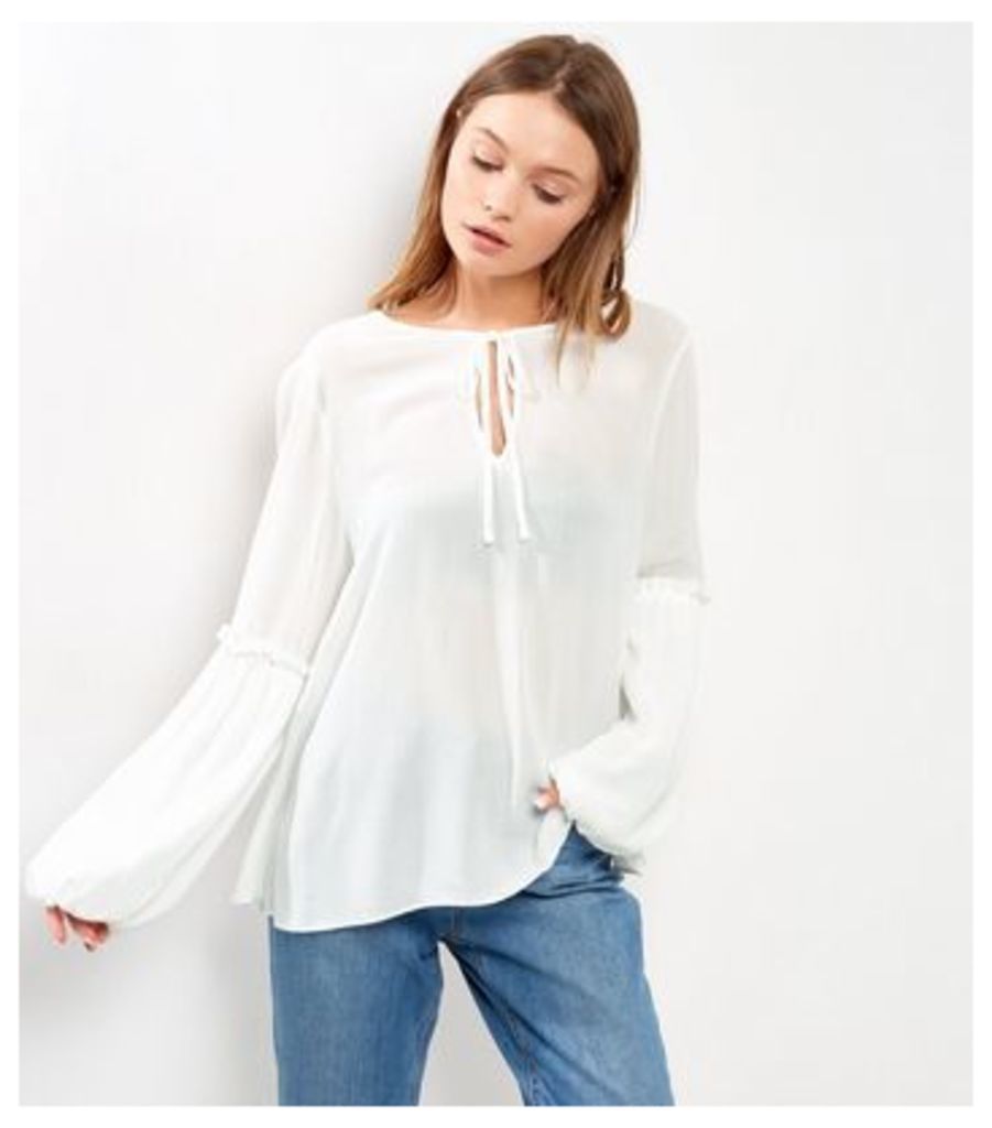 White Frill Trim Tie Neck Long Sleeve Top