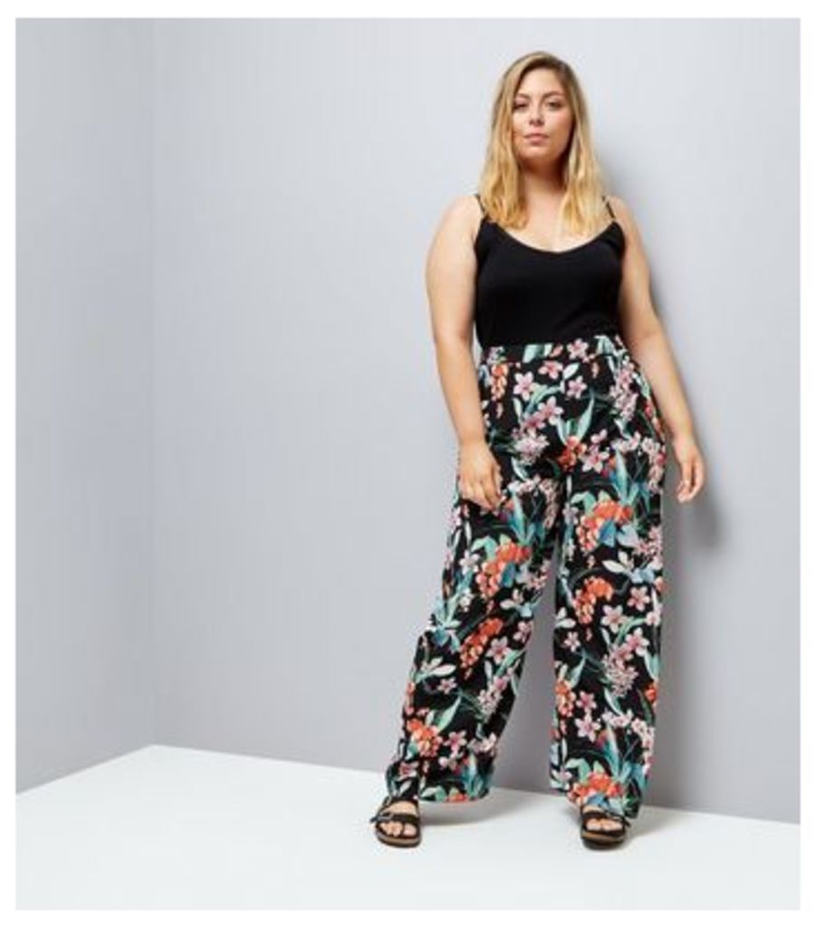 Curves Black Floral Print Wide Leg Trousers New Look