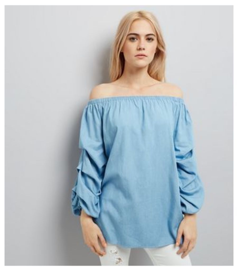 Pale Blue Ruched Sleeve Bardot Neck Top New Look