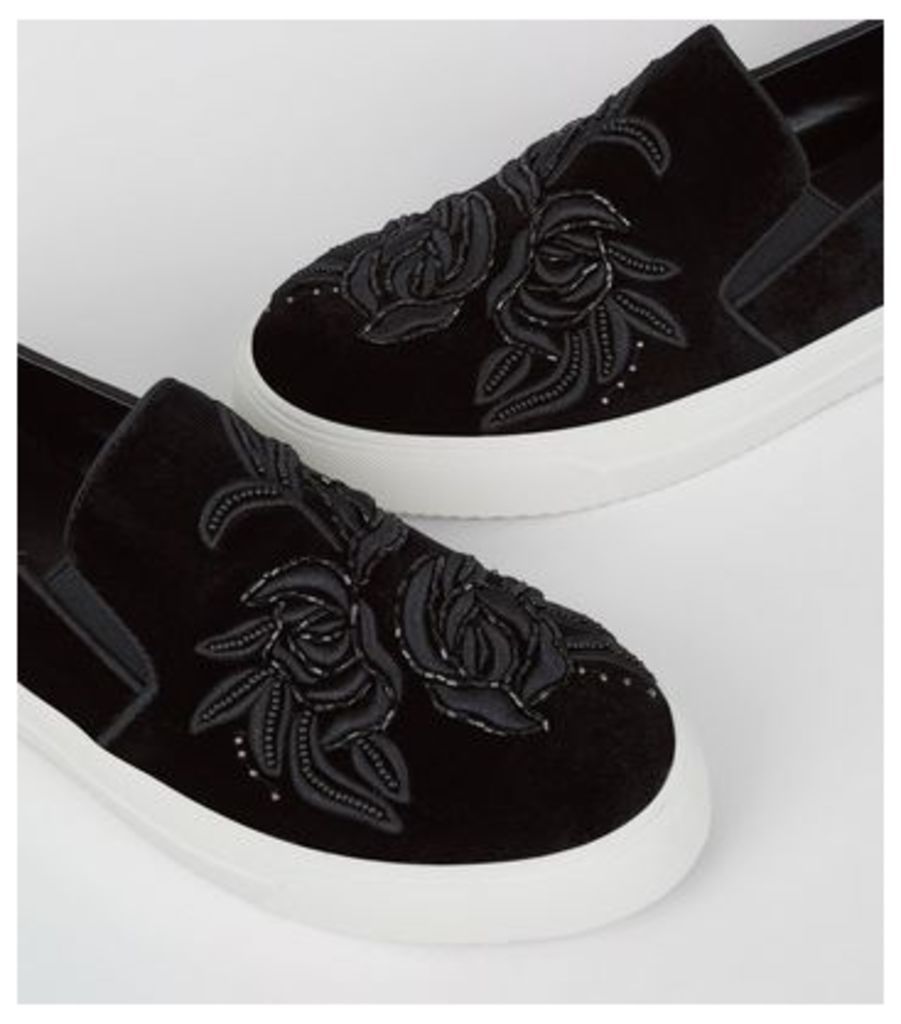 Black Velvet Floral Embroidered Slip On Trainers New Look