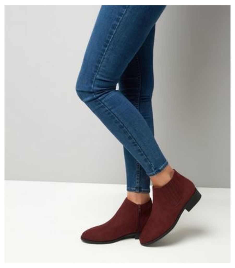 Wide Fit Dark Red Suedette Chelsea Boots New Look
