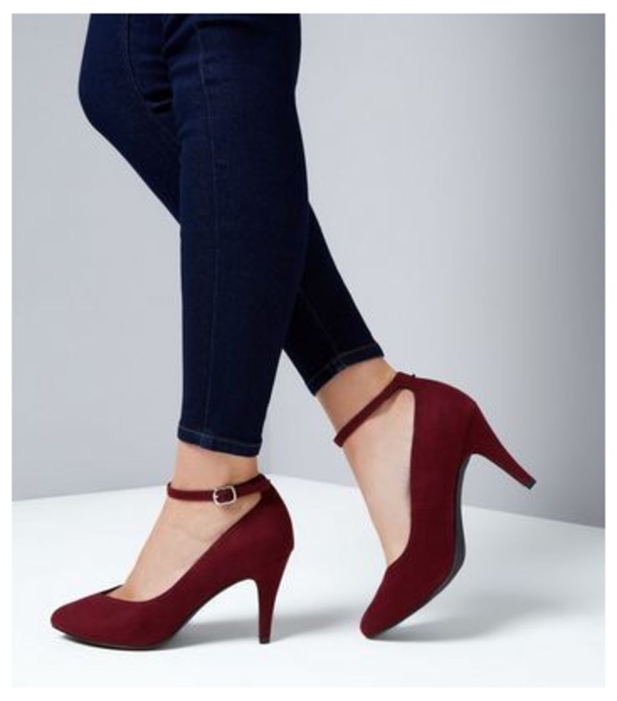 Wide Fit Burgundy Suedette Ankle Strap Court Heels New Look