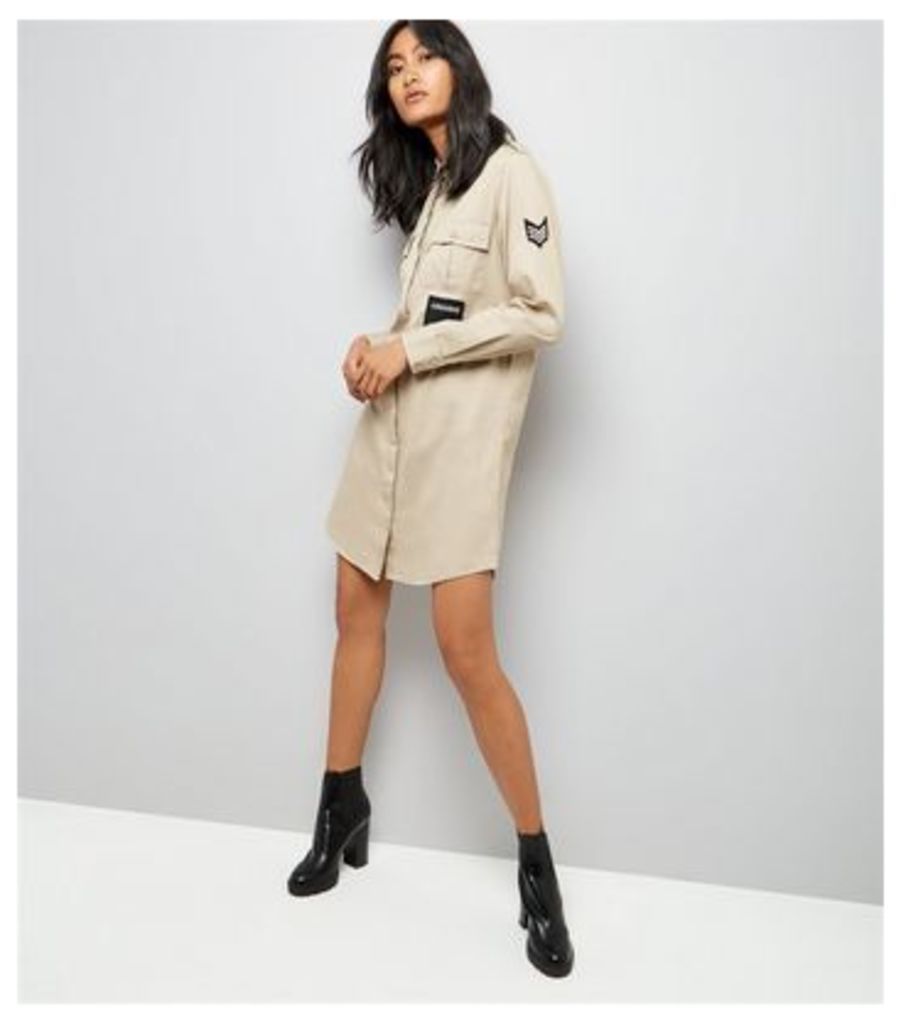 Stone Military Embroidered Patch Shirt Dress New Look