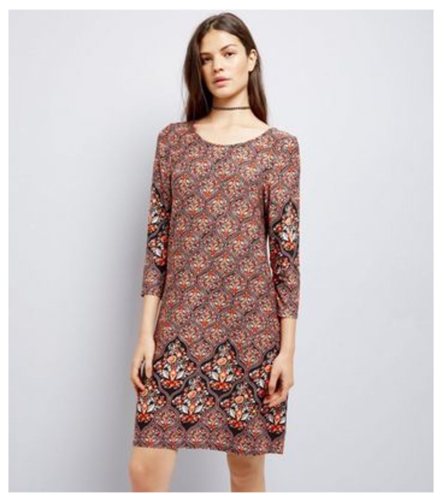 Apricot Brown Abstract Print Swing Dress New Look