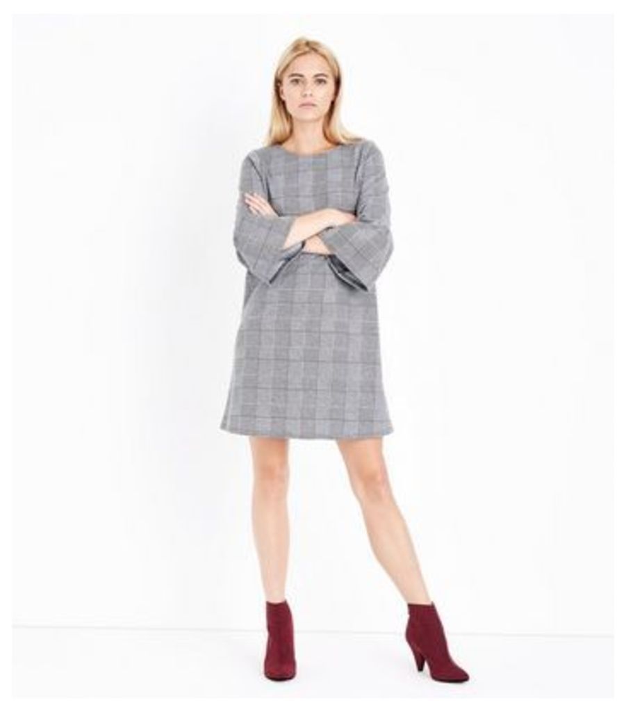 Pale Grey Check Bell Sleeve Tunic Dress New Look