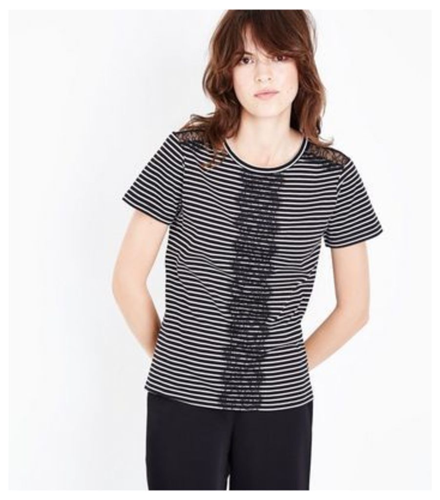 Black Stripe Lace Panel T-Shirt New Look