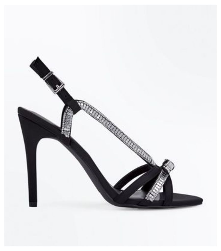Black Satin Embellished Bow Strappy Sandals New Look