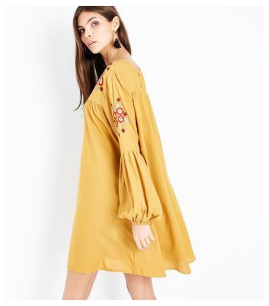 Yellow Floral Embroidered Balloon Sleeve Smock Dress New Look