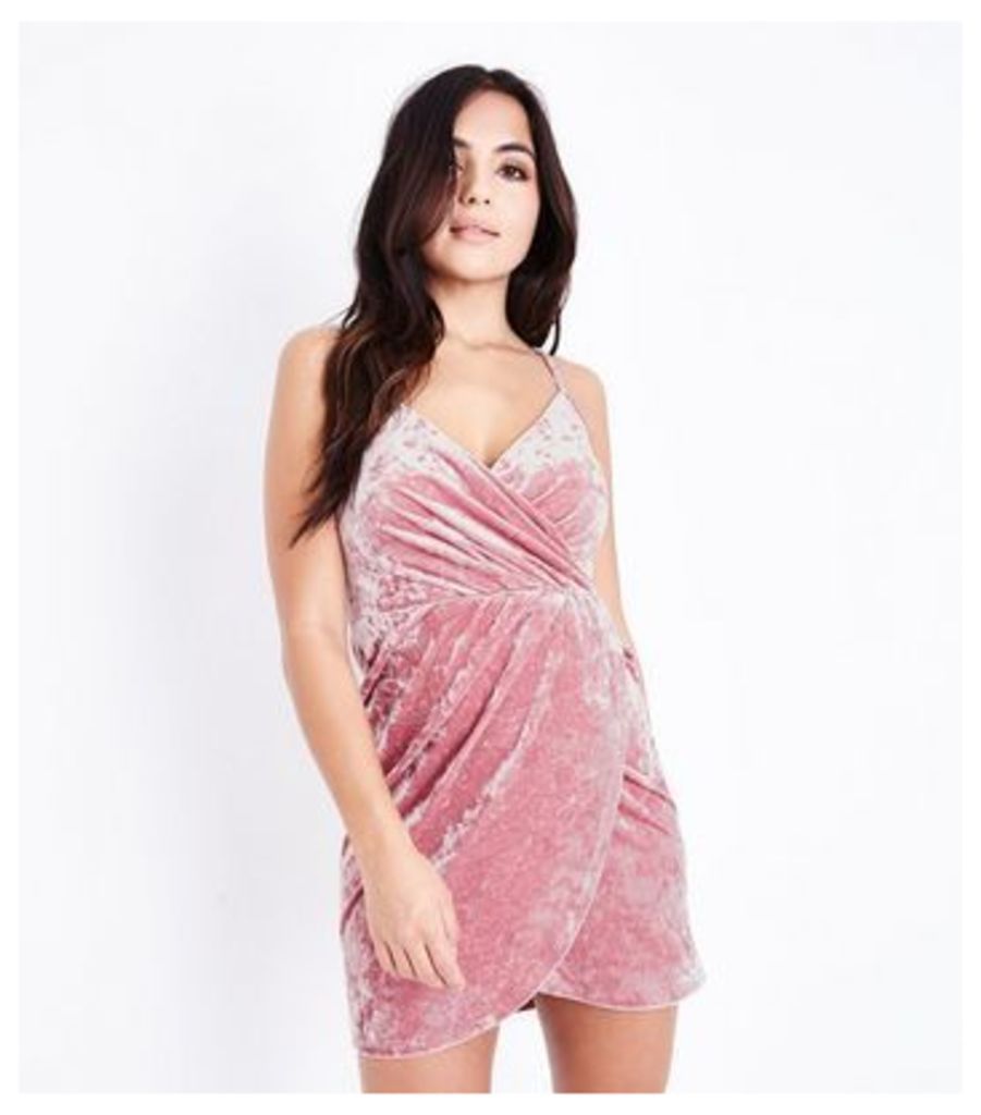 Petite Pink Crushed Velvet Wrap Front Dress New Look