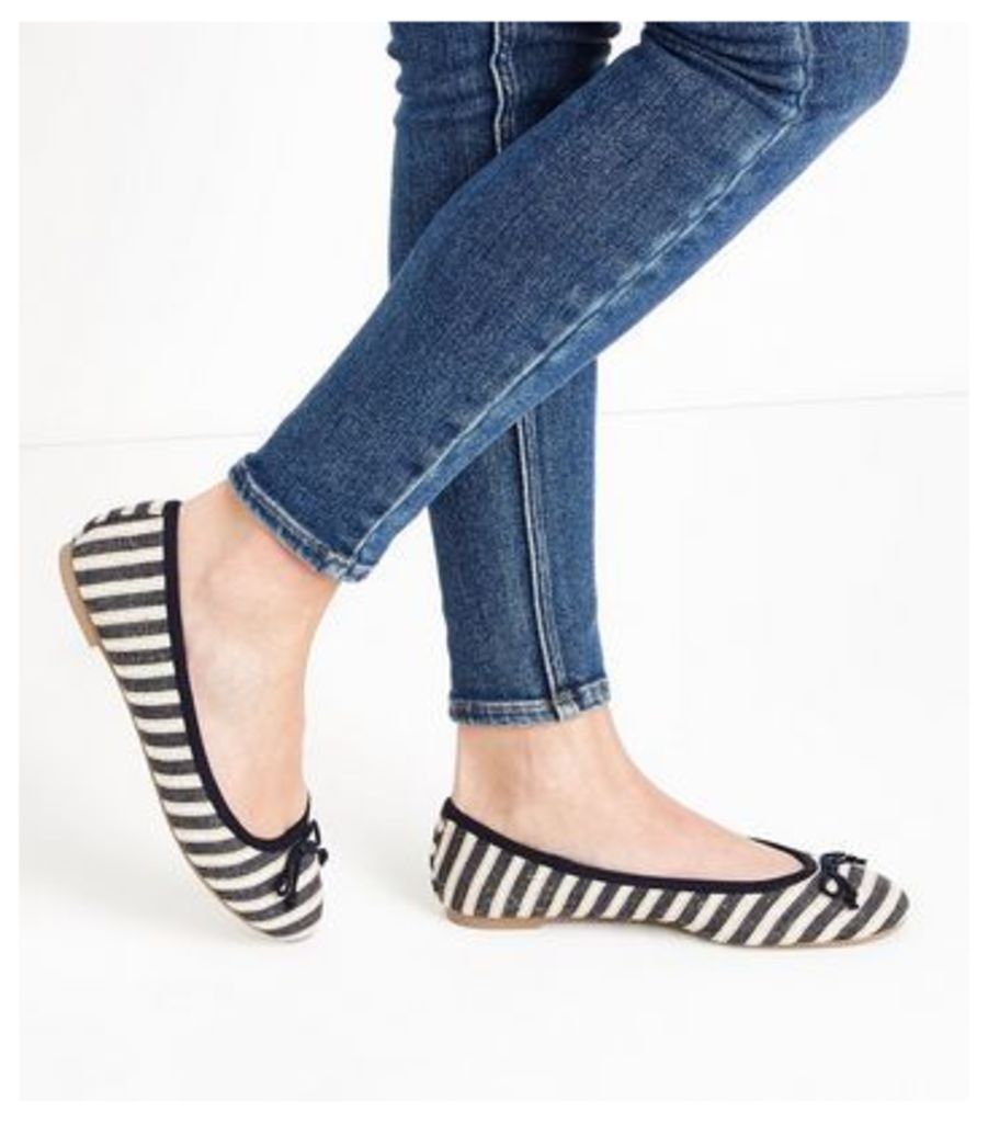 Blue Woven Stripe Bow Front Ballet Pumps New Look