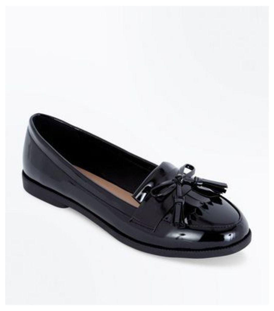 Black Patent Bow Tassel Front Loafers New Look