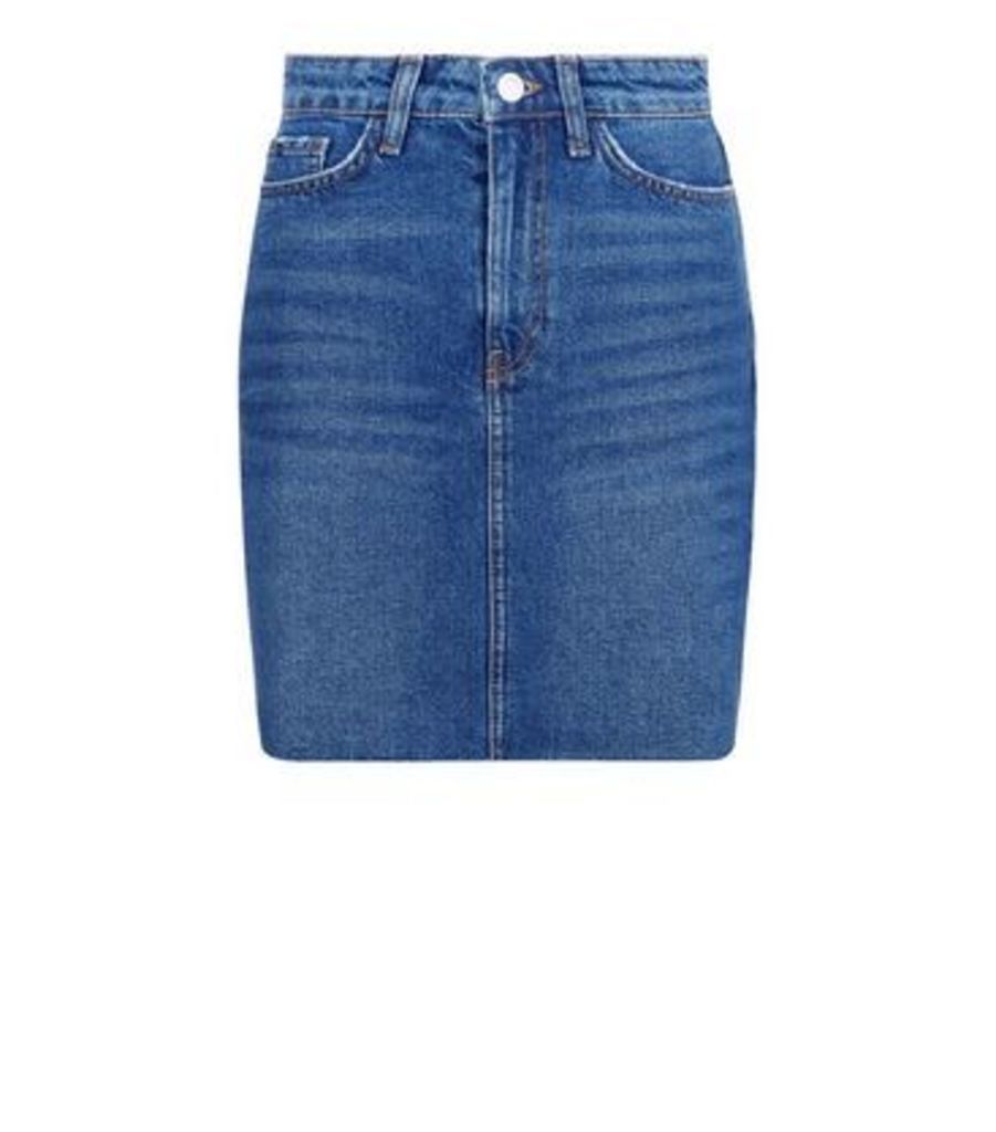 Petite Blue Frayed Hem Denim Skirt New Look